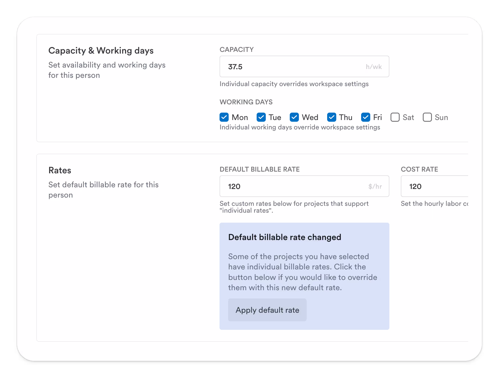 Interface detailing 'Capacity & Working days' and 'Rates' for an individual, showing checkboxes for workdays and fields for setting billable and cost rates.