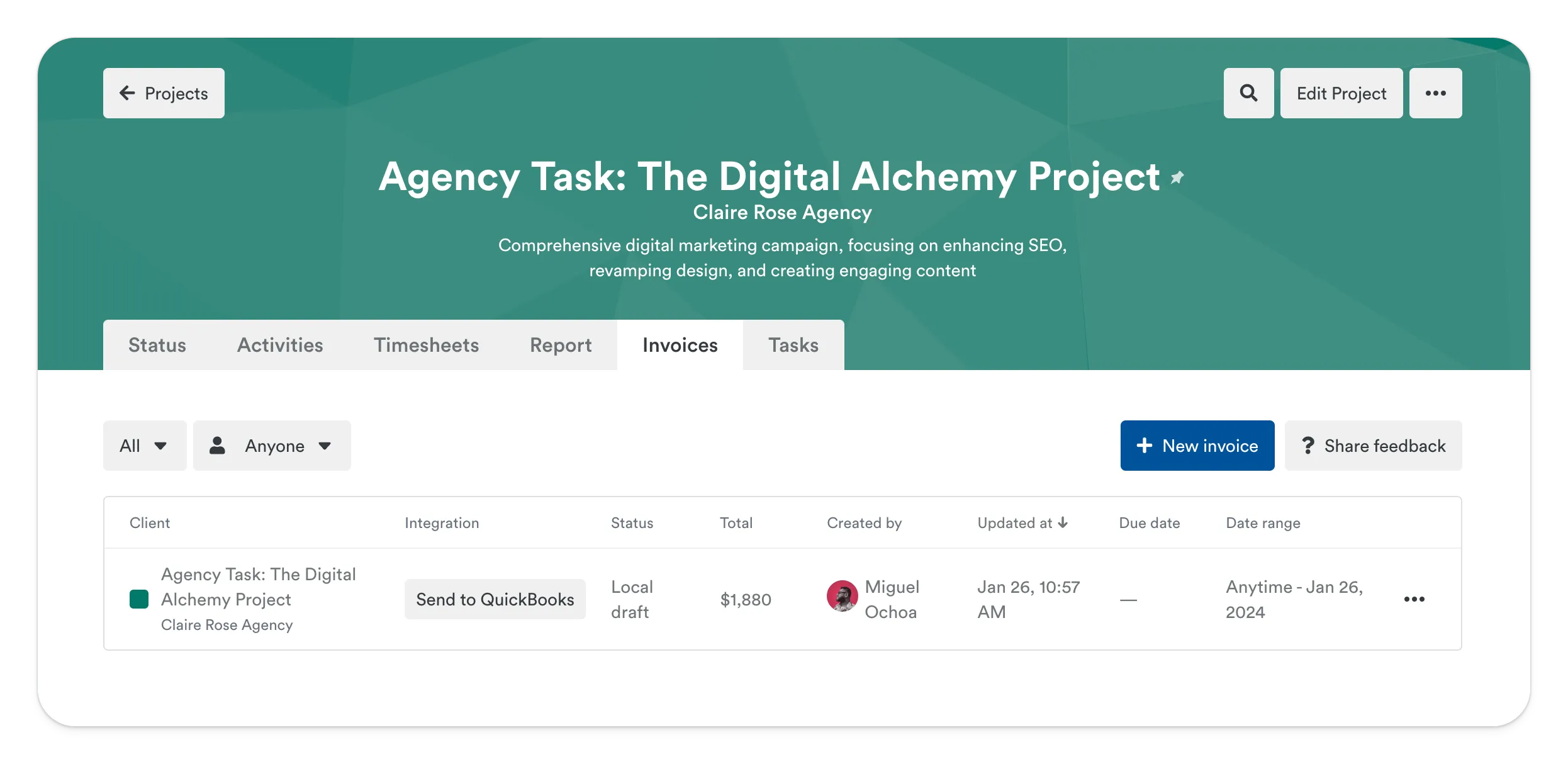 Screenshot of a task planning software interface, showing a timeline with various projects and tasks labeled such as 'The Digital Alchemy Project', 'SEO Enhancement', and 'Client Communication', designed as a time tracking tool for consultants, with icons indicating different team members assigned to tasks