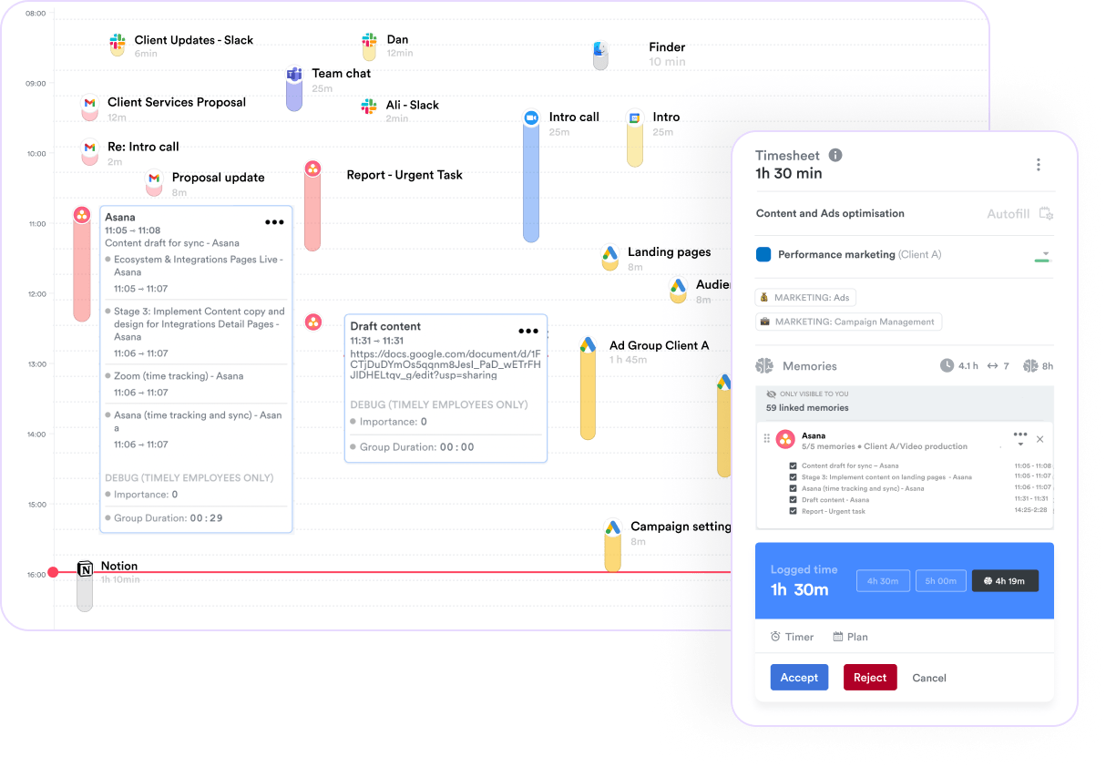 Composite image showing a detailed time management interface with multiple applications like Slack, Asana, and Notion, tracking activities such as 'Client Updates,' 'Content and Ads optimization,' and 'Campaign setting.'