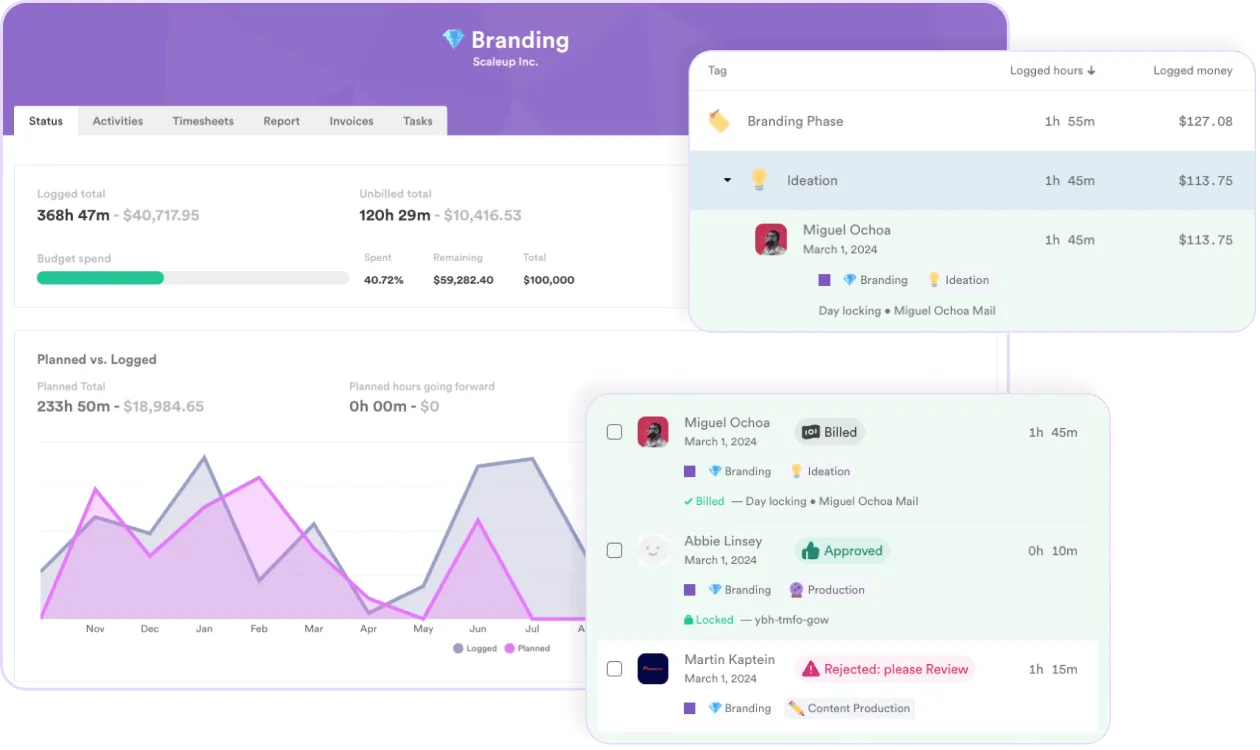 Dashboard view of a branding project within a time tracking software, highlighting logged hours and financials, with status updates including approved and rejected tasks, facilitating users to estimate project timelines and budgets with confidence.