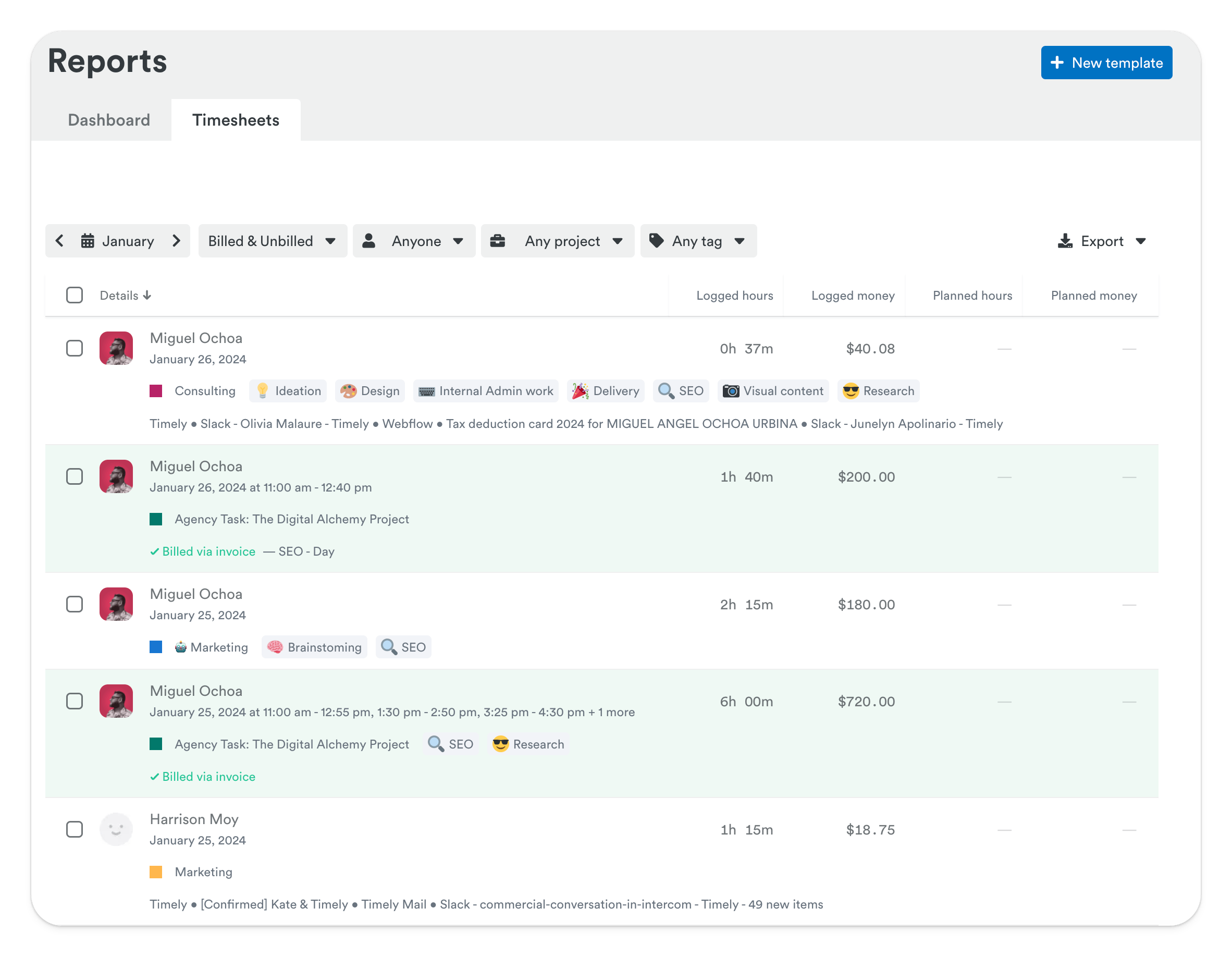 Screenshot of a digital time tracking reports page showing timesheet entries for various tasks and projects, indicating both billed and unbilled work, allowing users to generate comprehensive reports in seconds.