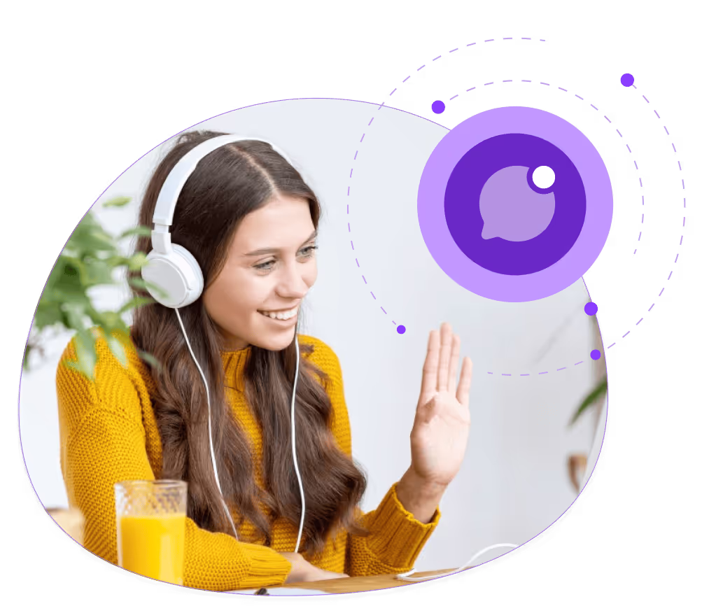 customer support representative wearing a headset waves in greeting, symbolizing 'real support from real people.