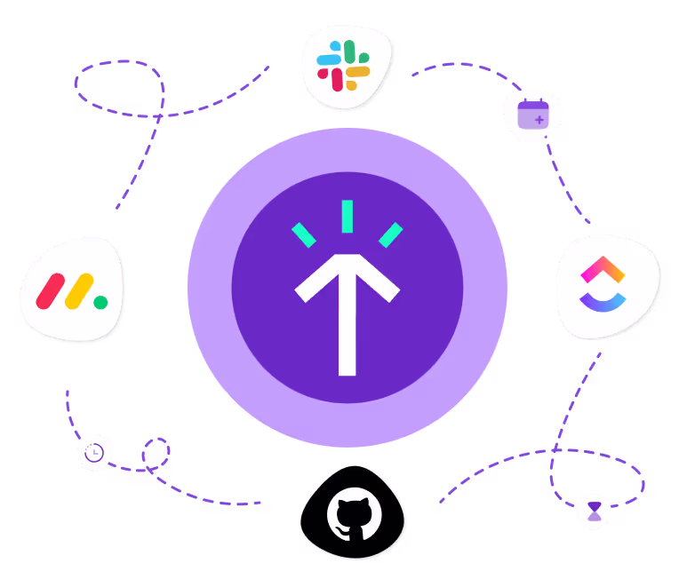 Graphic illustrating integration and customization with a central upward-pointing arrow encircled by a large purple circle, surrounded by various colorful icons linked by dotted lines, representing 'Integrations, tailored to your stack'