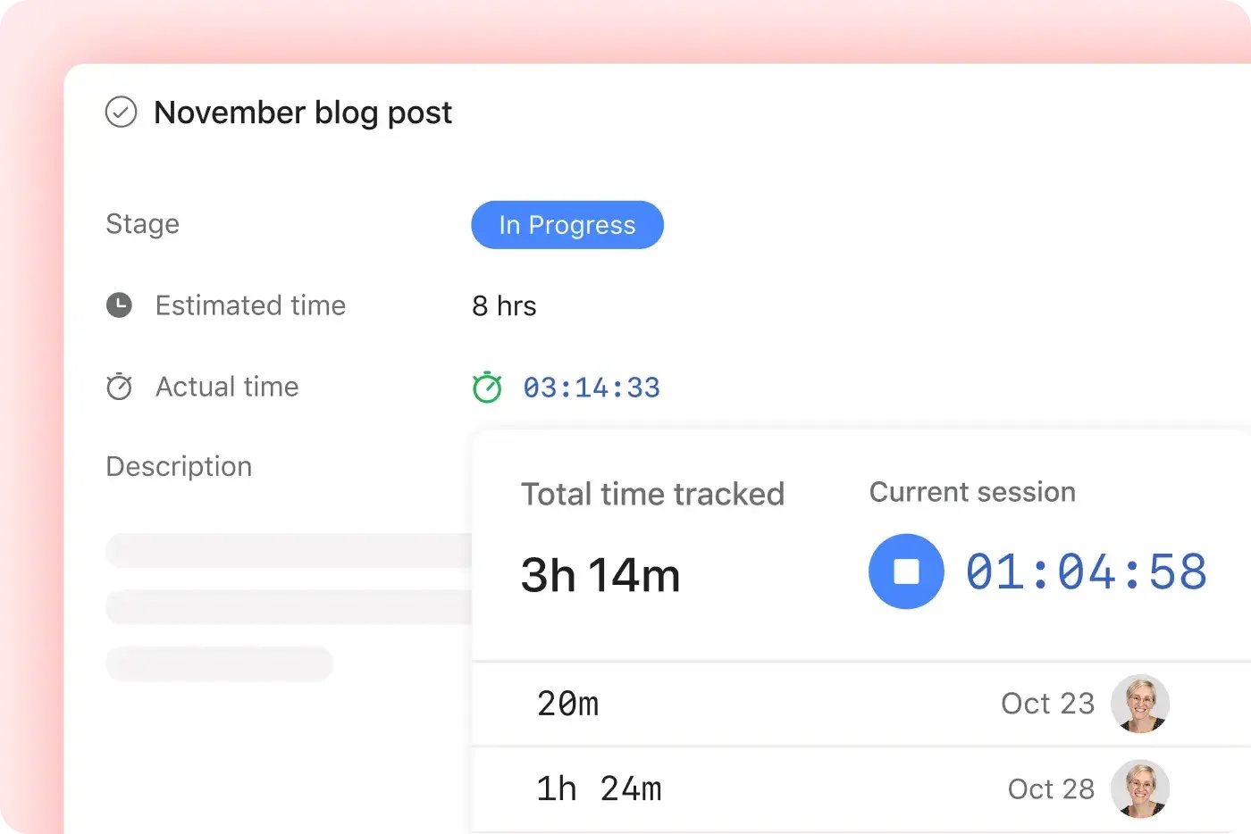 Asana task view with time tracking — manual entry and timer options