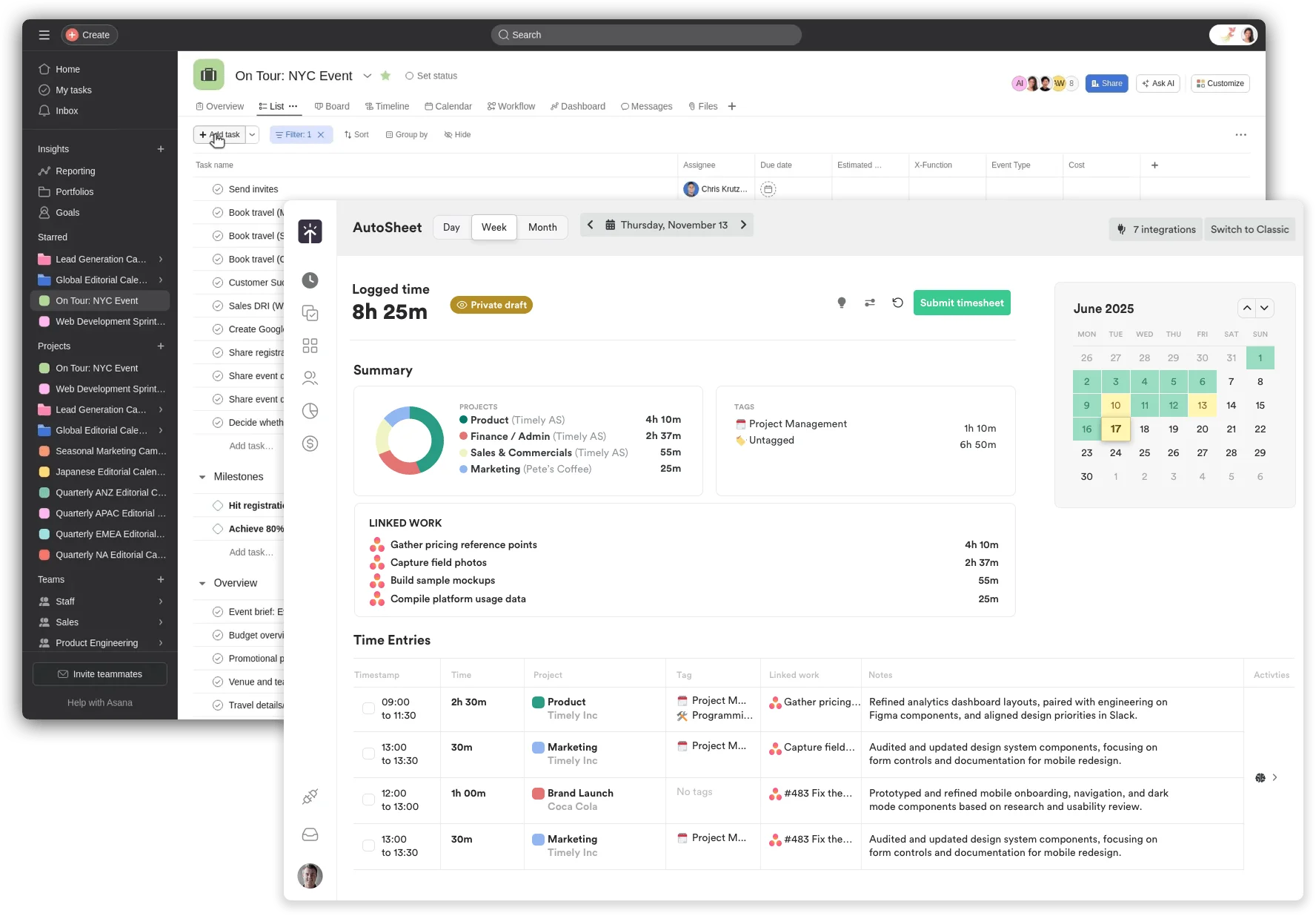 Timely automatic time tracking dashboard showing time logged across Asana projects