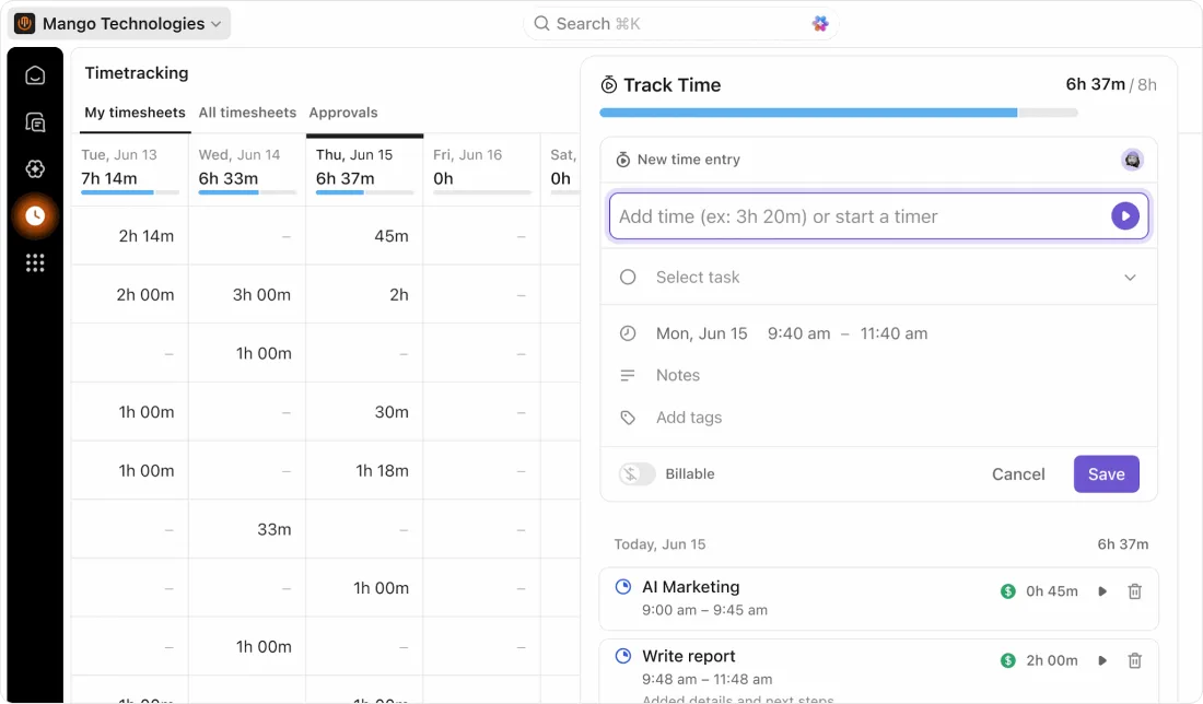 ClickUp native time tracking on a task