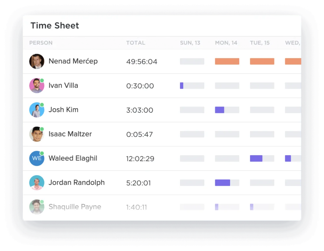 ClickUp timesheets and reporting view