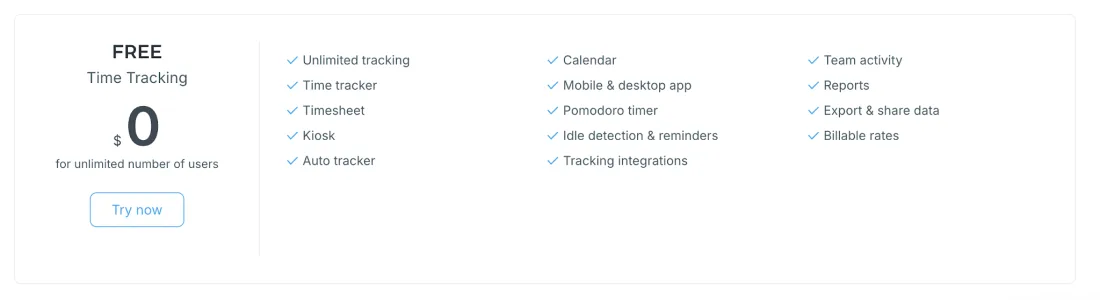 Clockify Free plan features