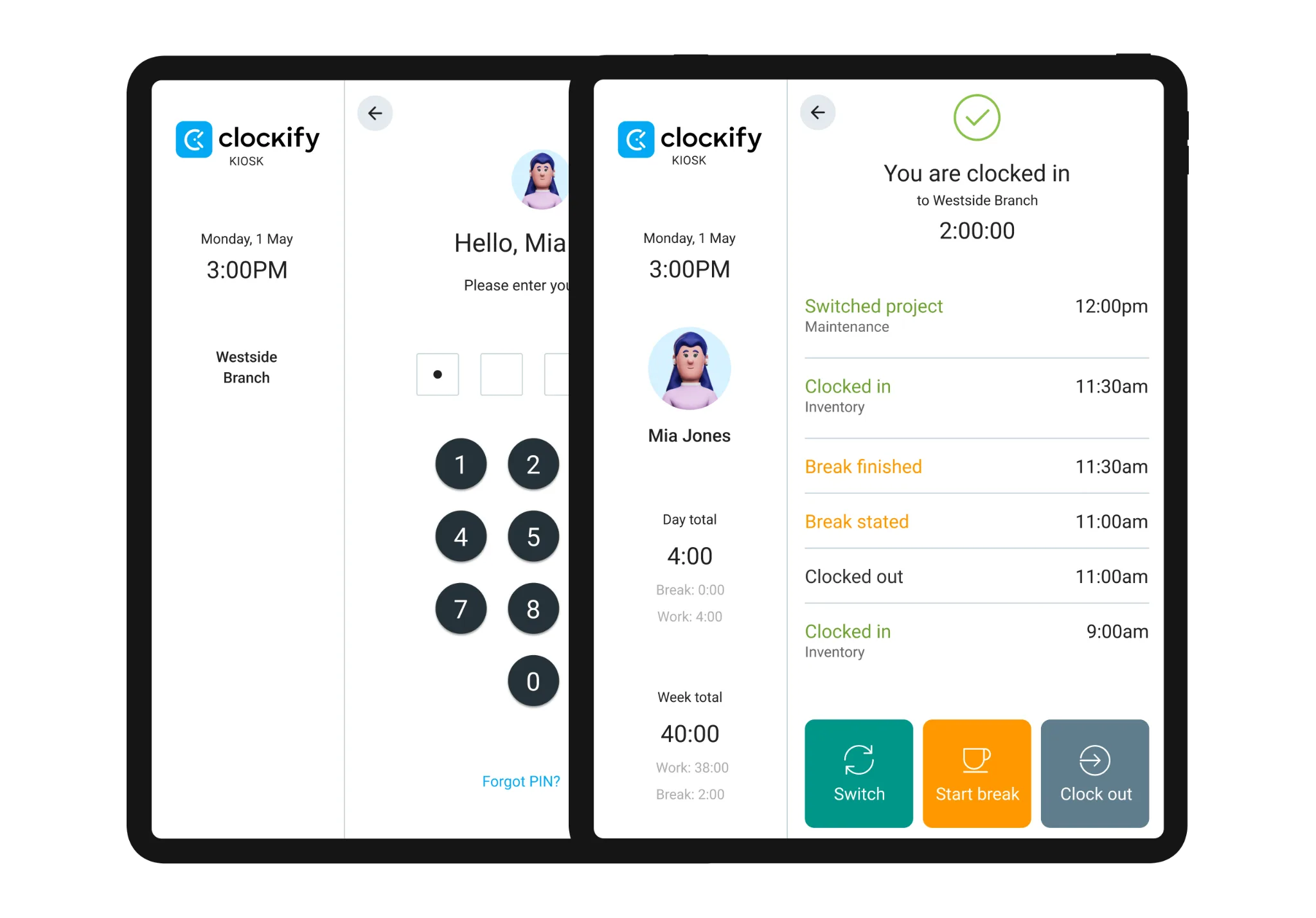 Kiosk mode and attendance in Clockify and Harvest