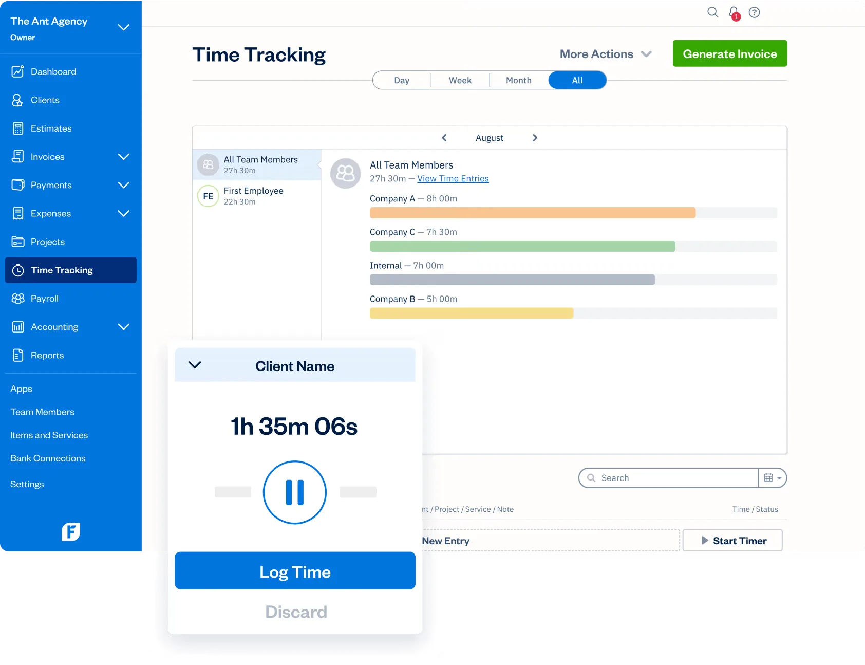 Time tracking in FreshBooks