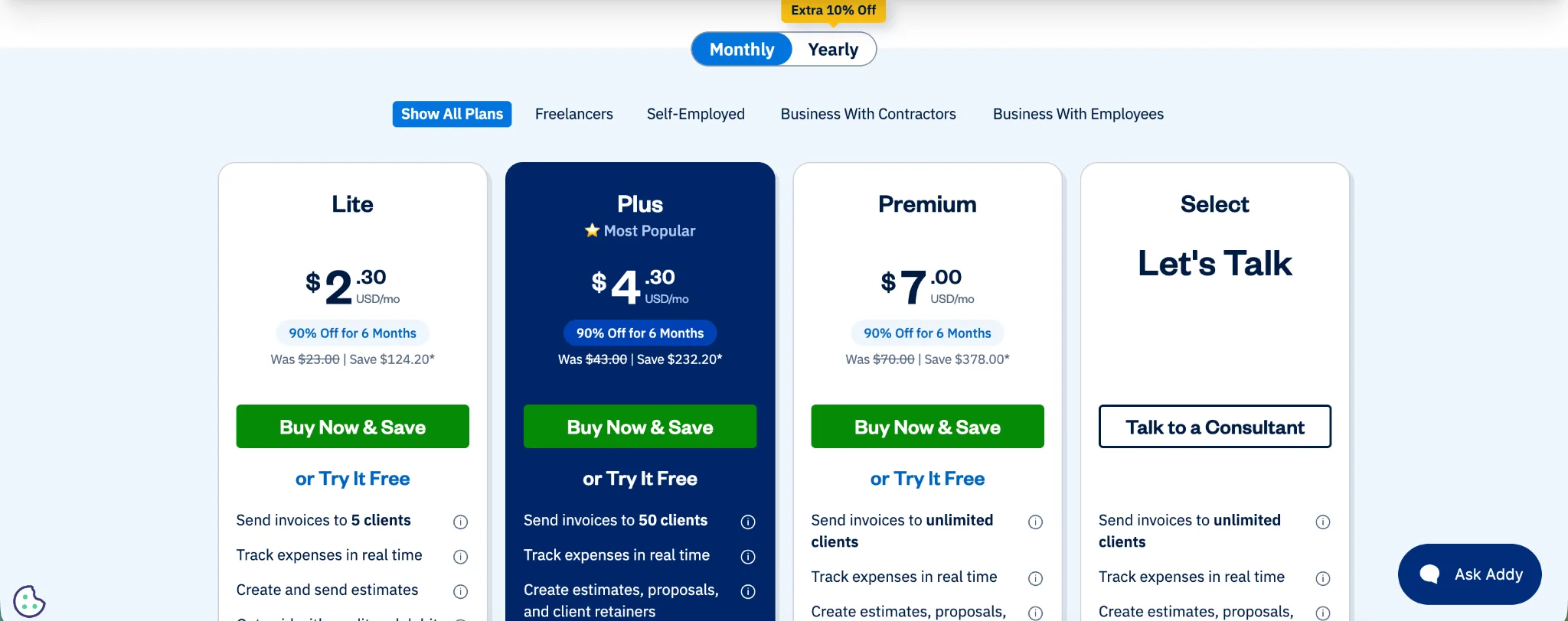 Pricing plans in FreshBooks