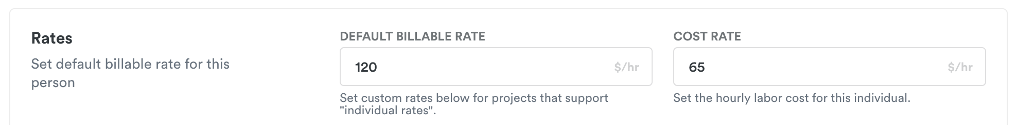 Default billable rate and cost rate settings