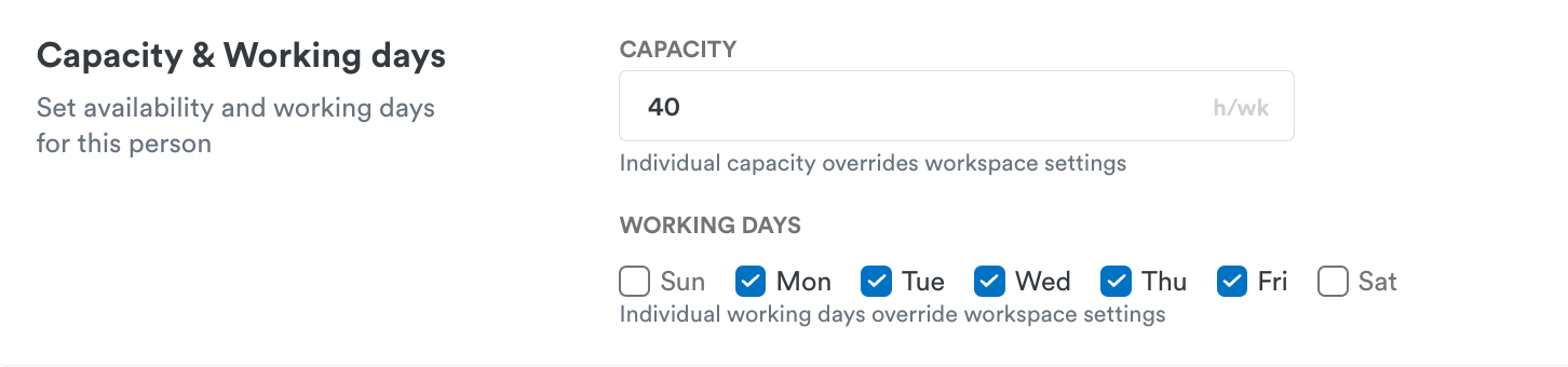 Setting weekly capacity per employee in Timely