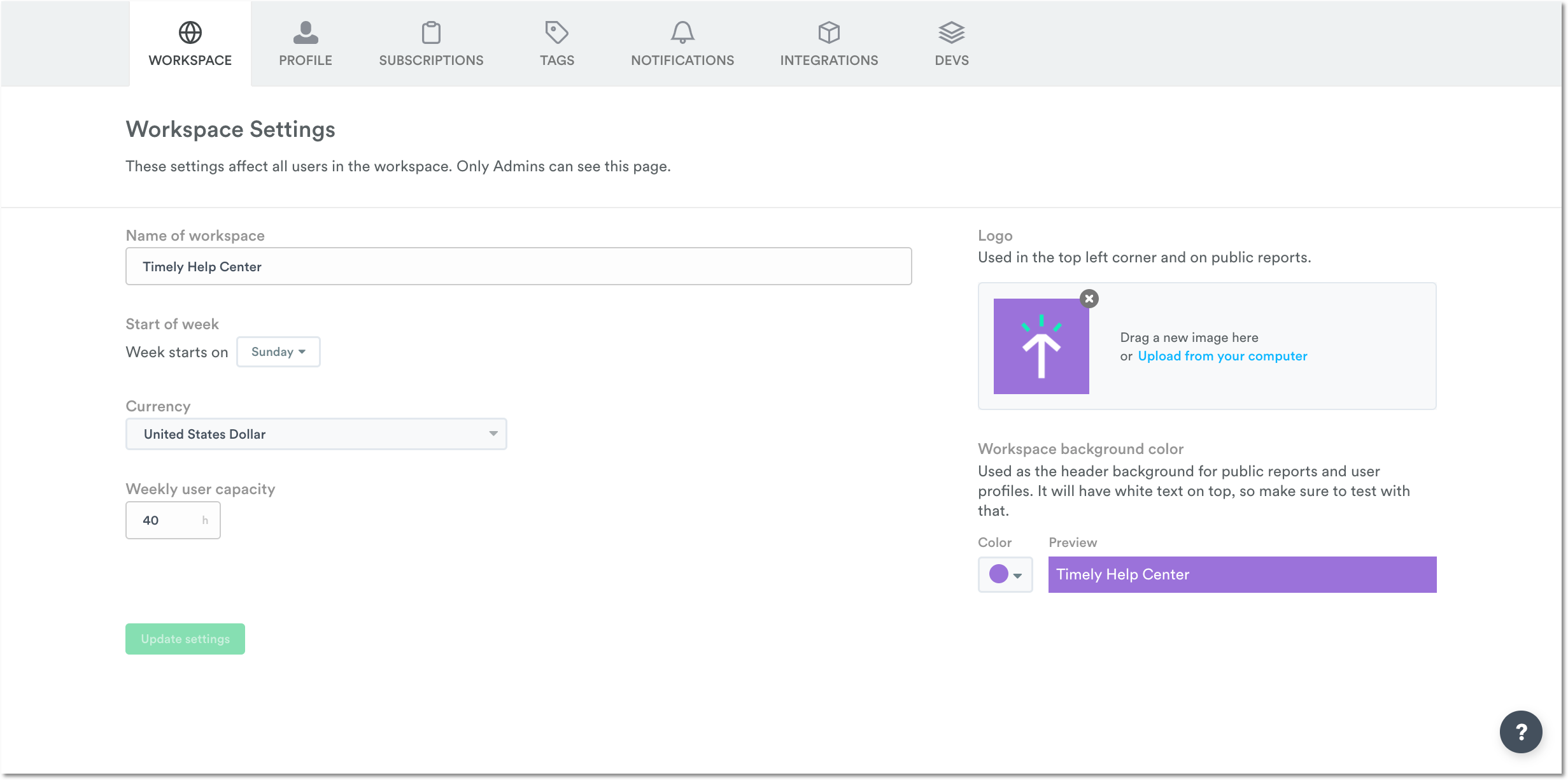 Workspace settings overview