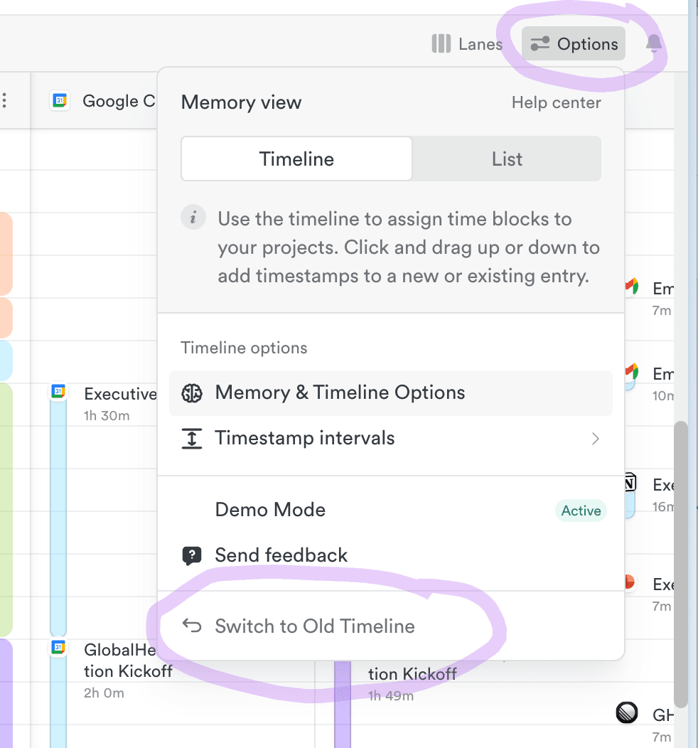 Switch to Old Timeline option in the Options dropdown