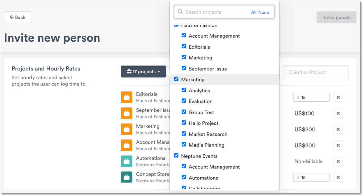 Select projects for user