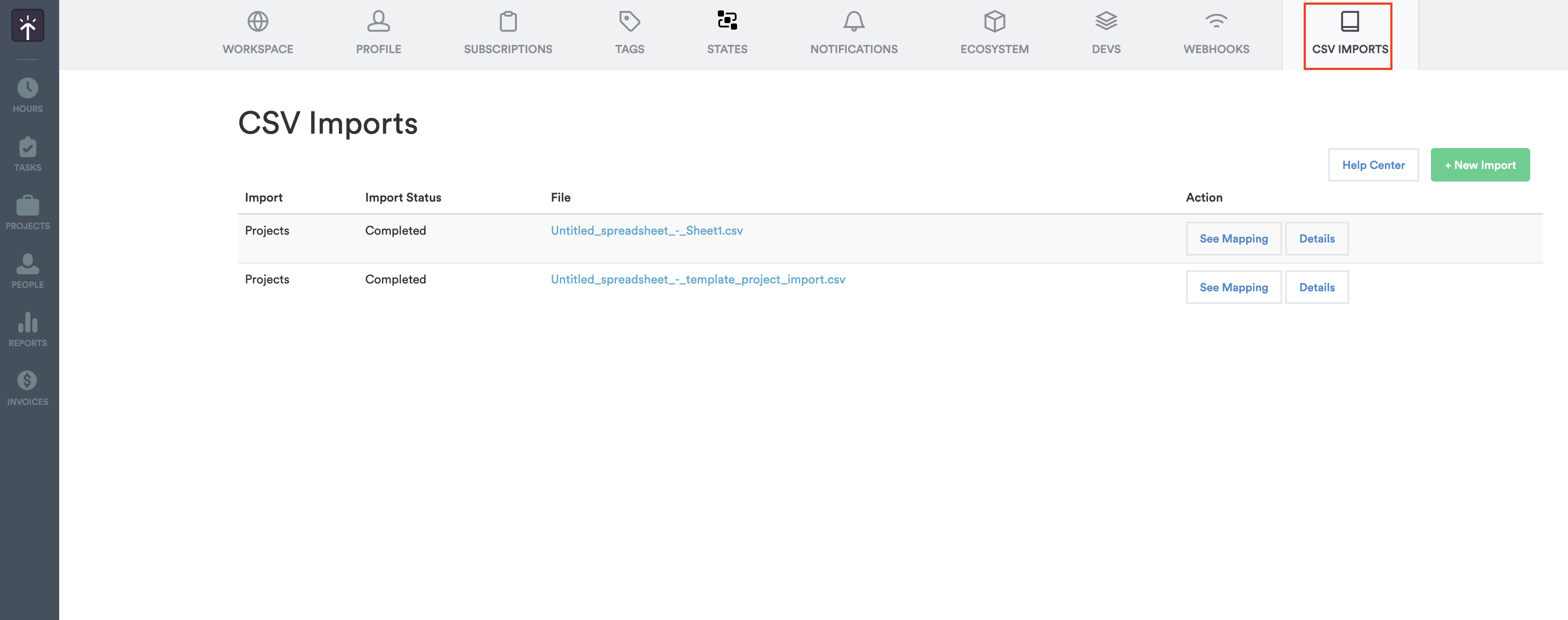CSV imports settings page