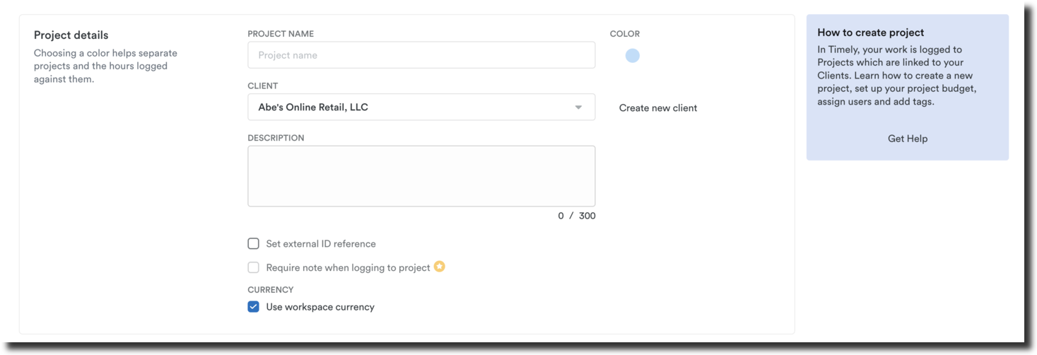 Project creation form
