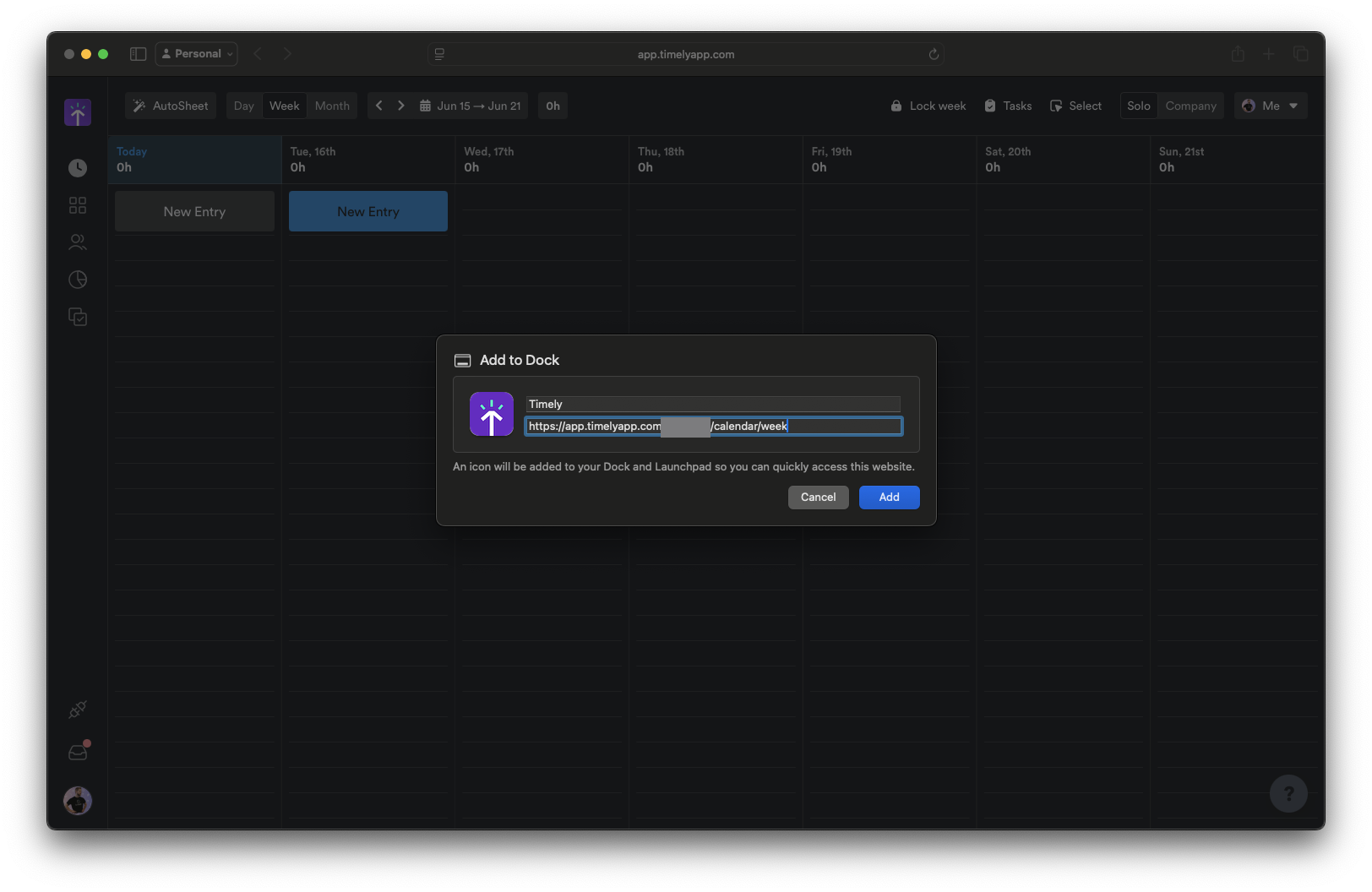 The Add to Dock dialog, with the Timely URL ending at /calendar/week and no date