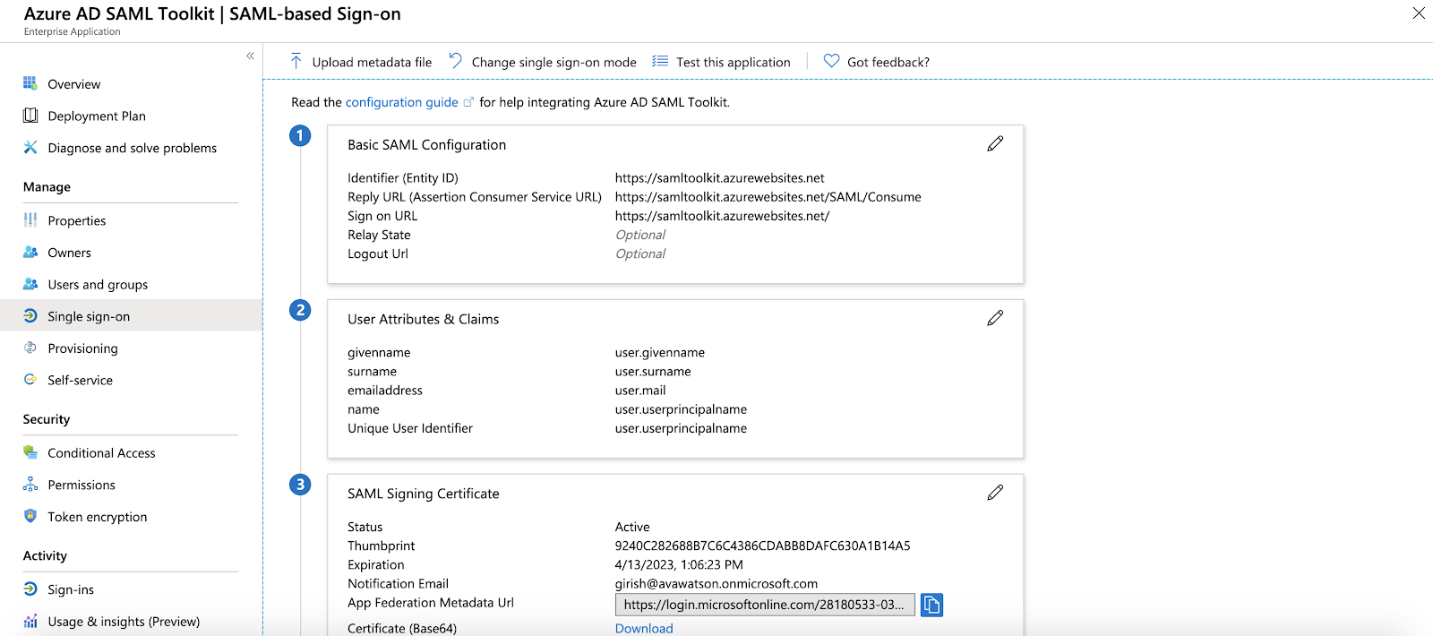Azure SAML setup