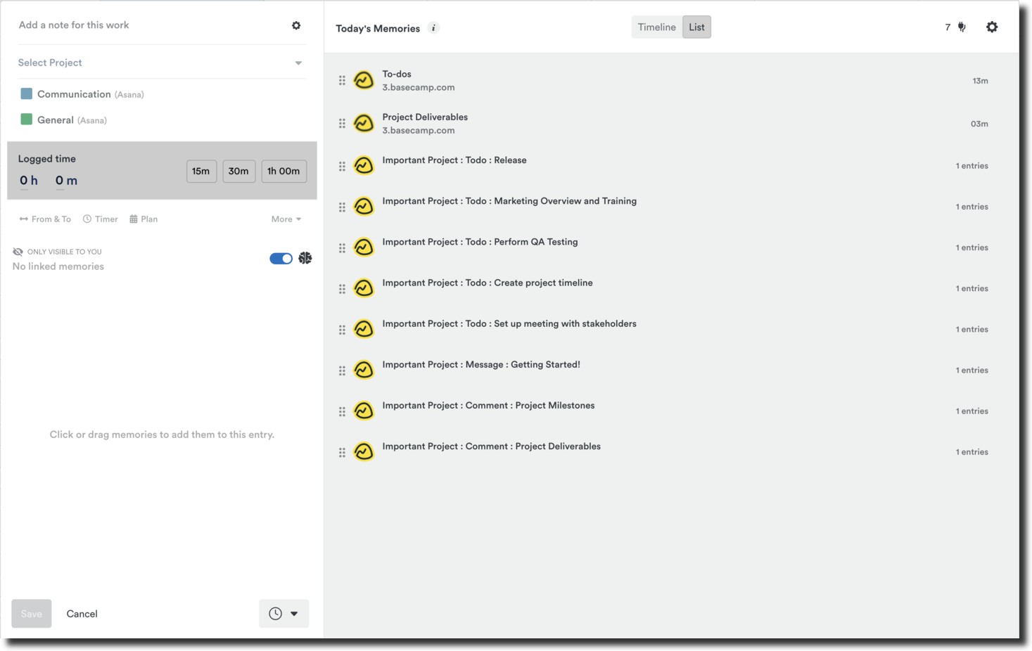 Basecamp activity on timeline