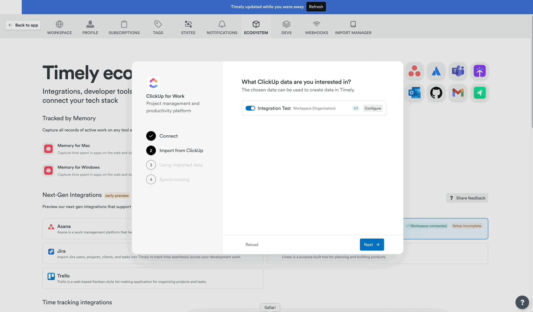 Select ClickUp workspace