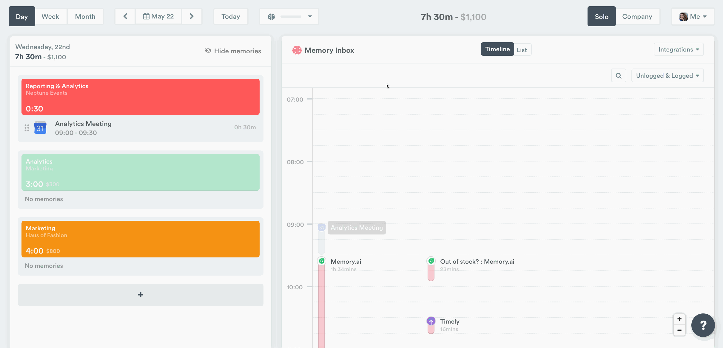 Calendar events on timeline