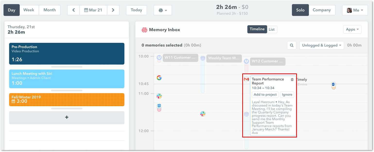 Gmail events on timeline