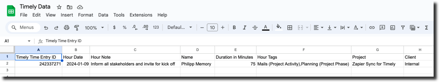 Google Sheet column headers