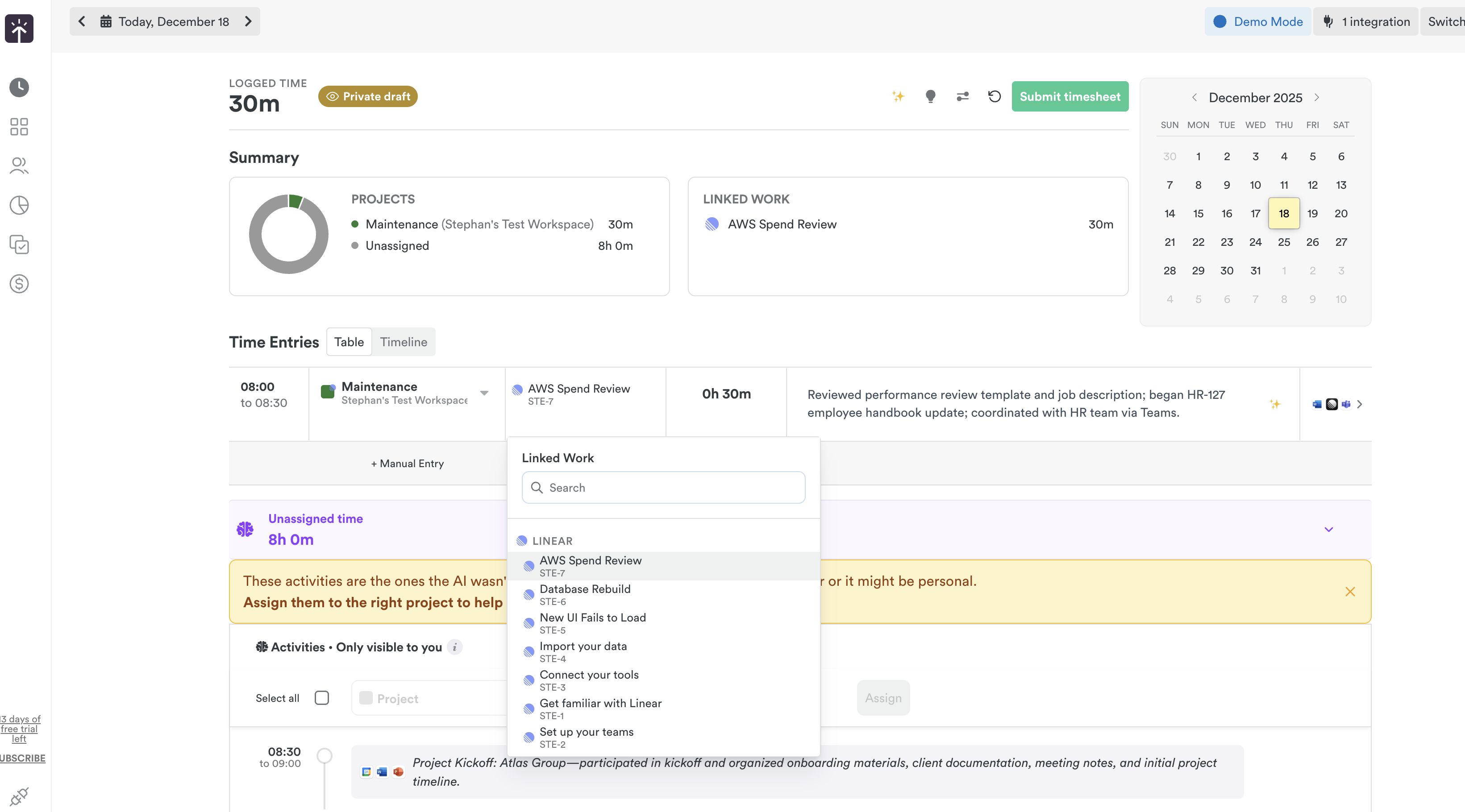 Logging time to Linear issues
