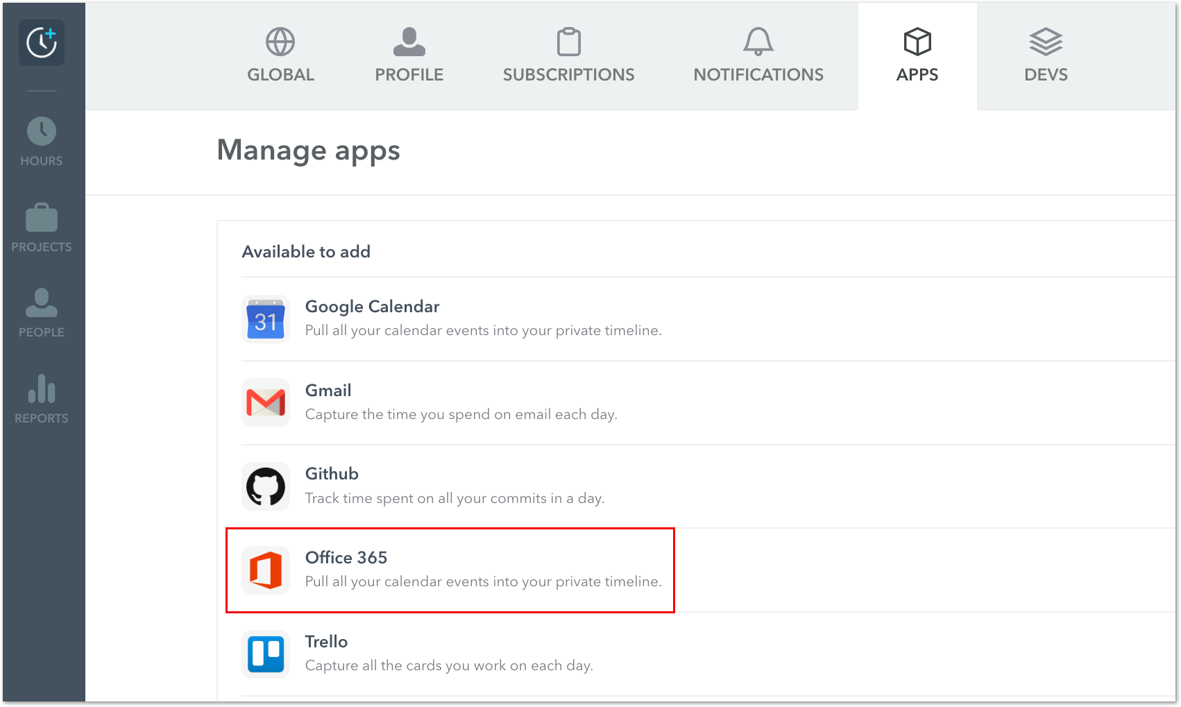 Office 365 in settings
