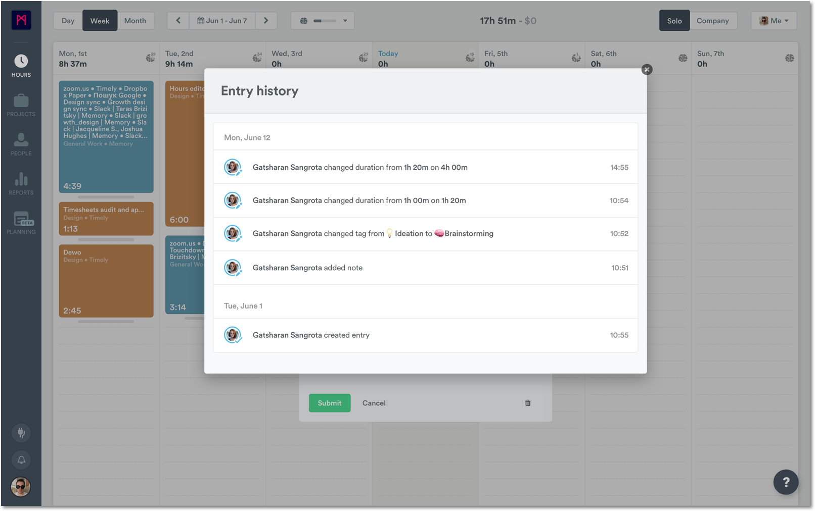 Entry history details