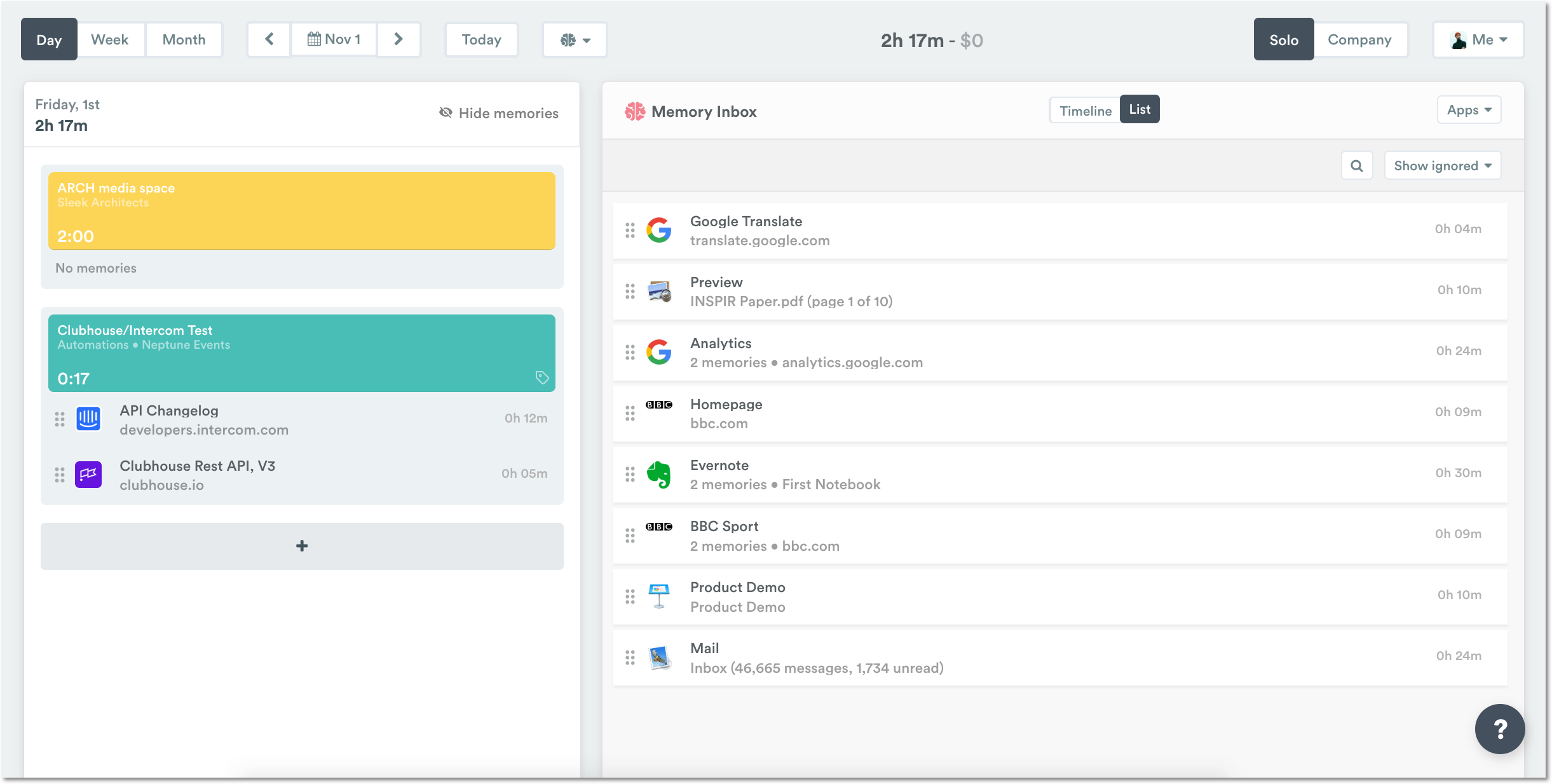 Memory list view showing captured activities