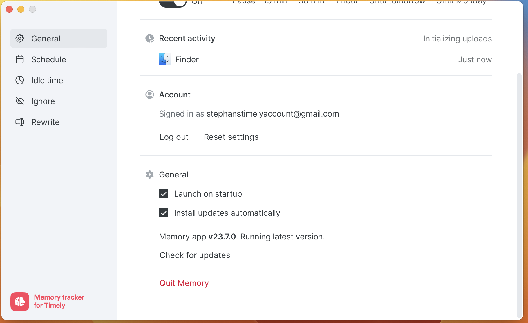 Memory for Mac general settings