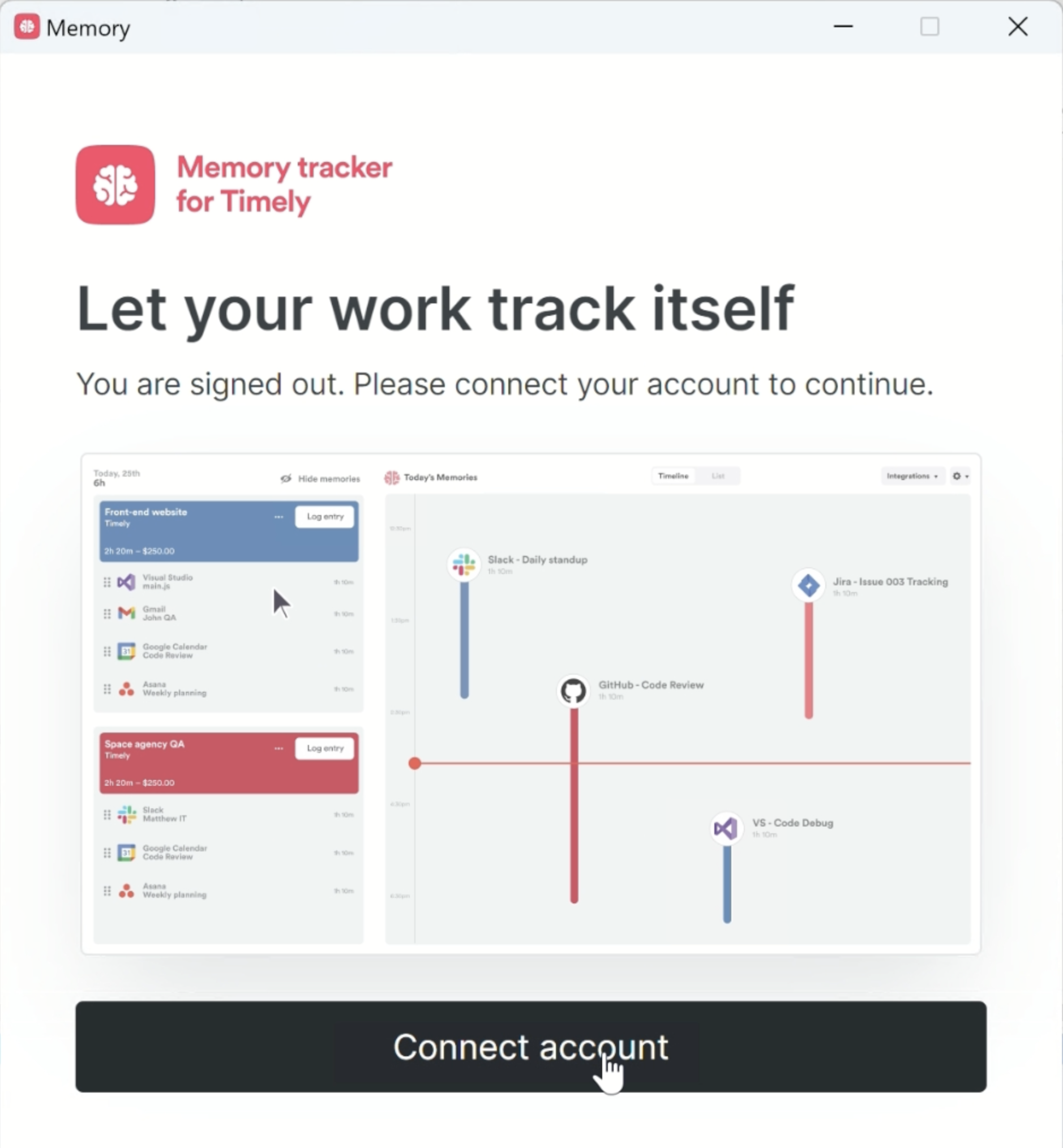 Memory for Windows connect account