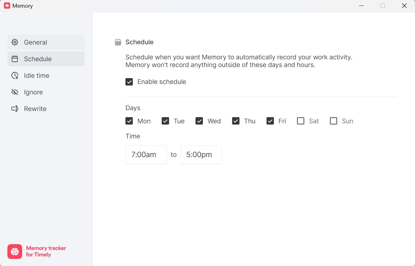 Memory for Windows schedule