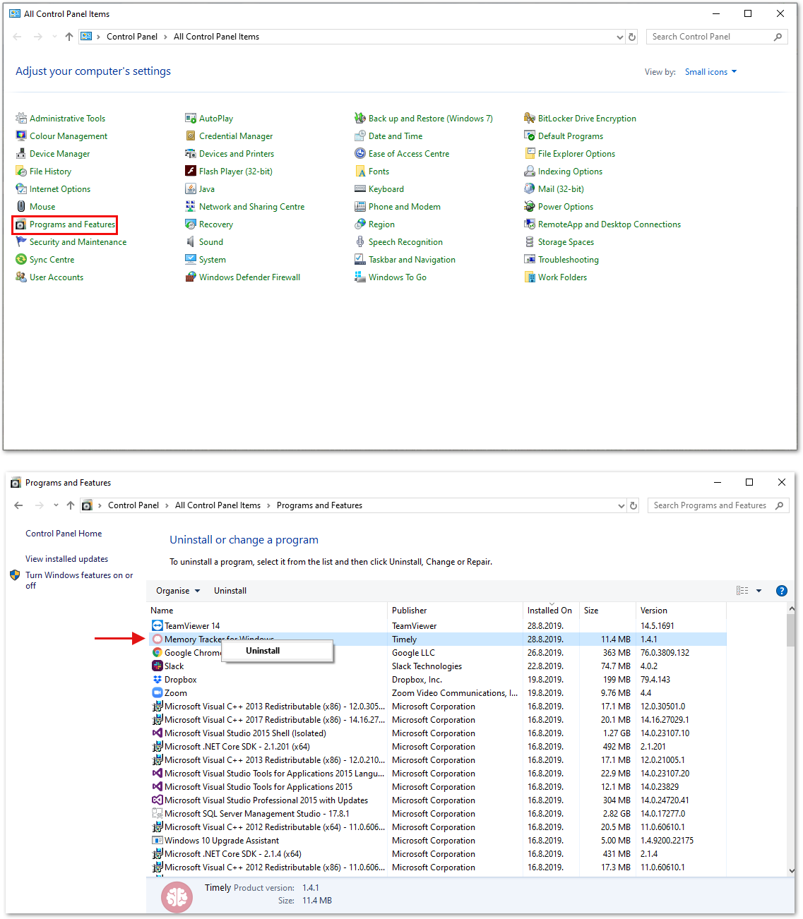 Uninstalling Memory for Windows