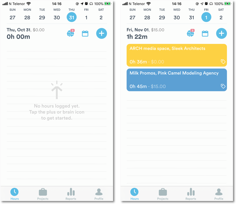 Hours tab with create button