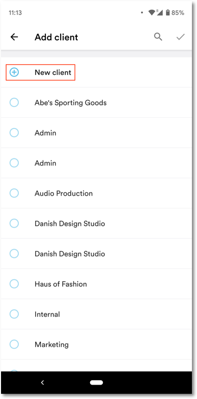 Select or create a client