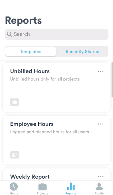 Reports tab in Timely mobile