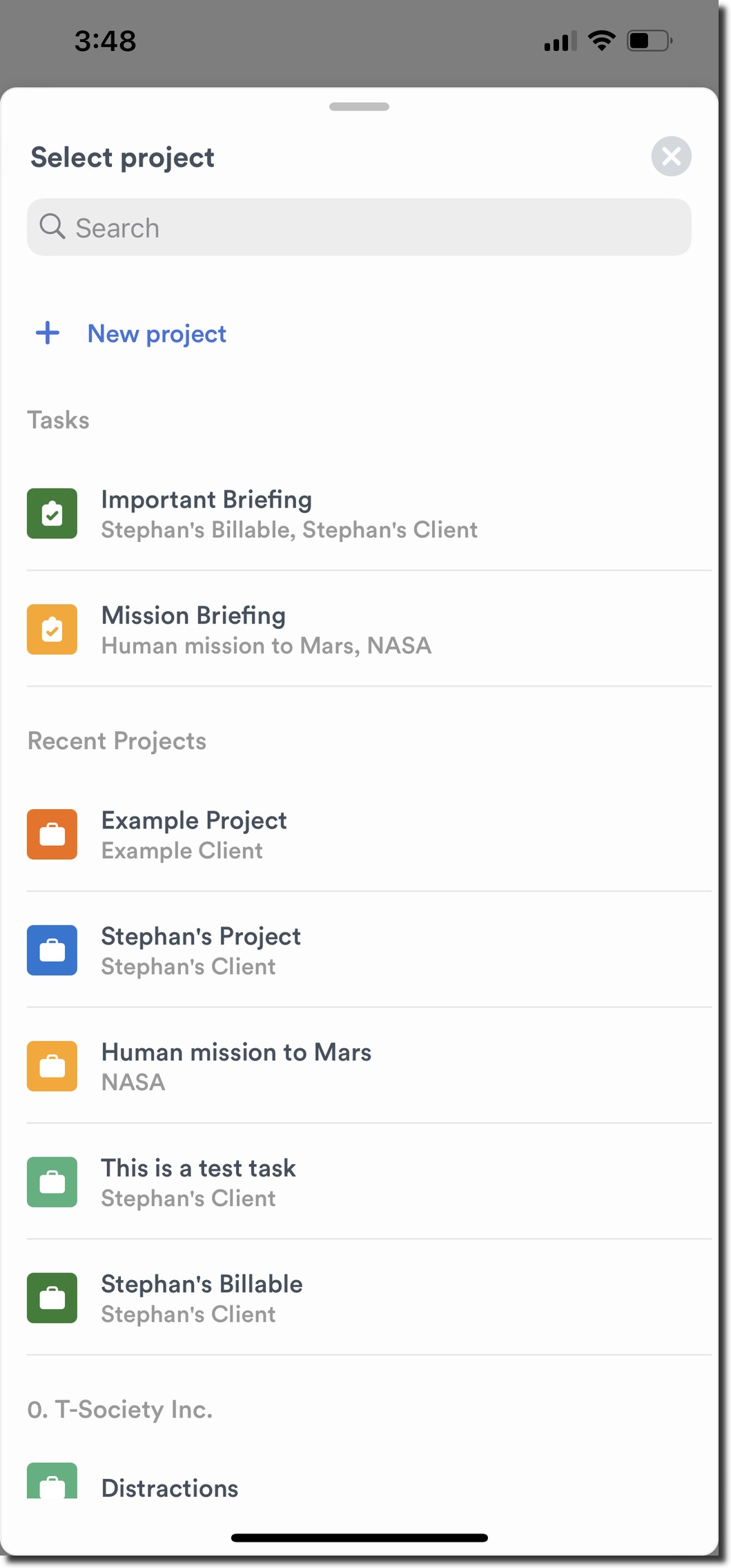 Tasks and Projects list