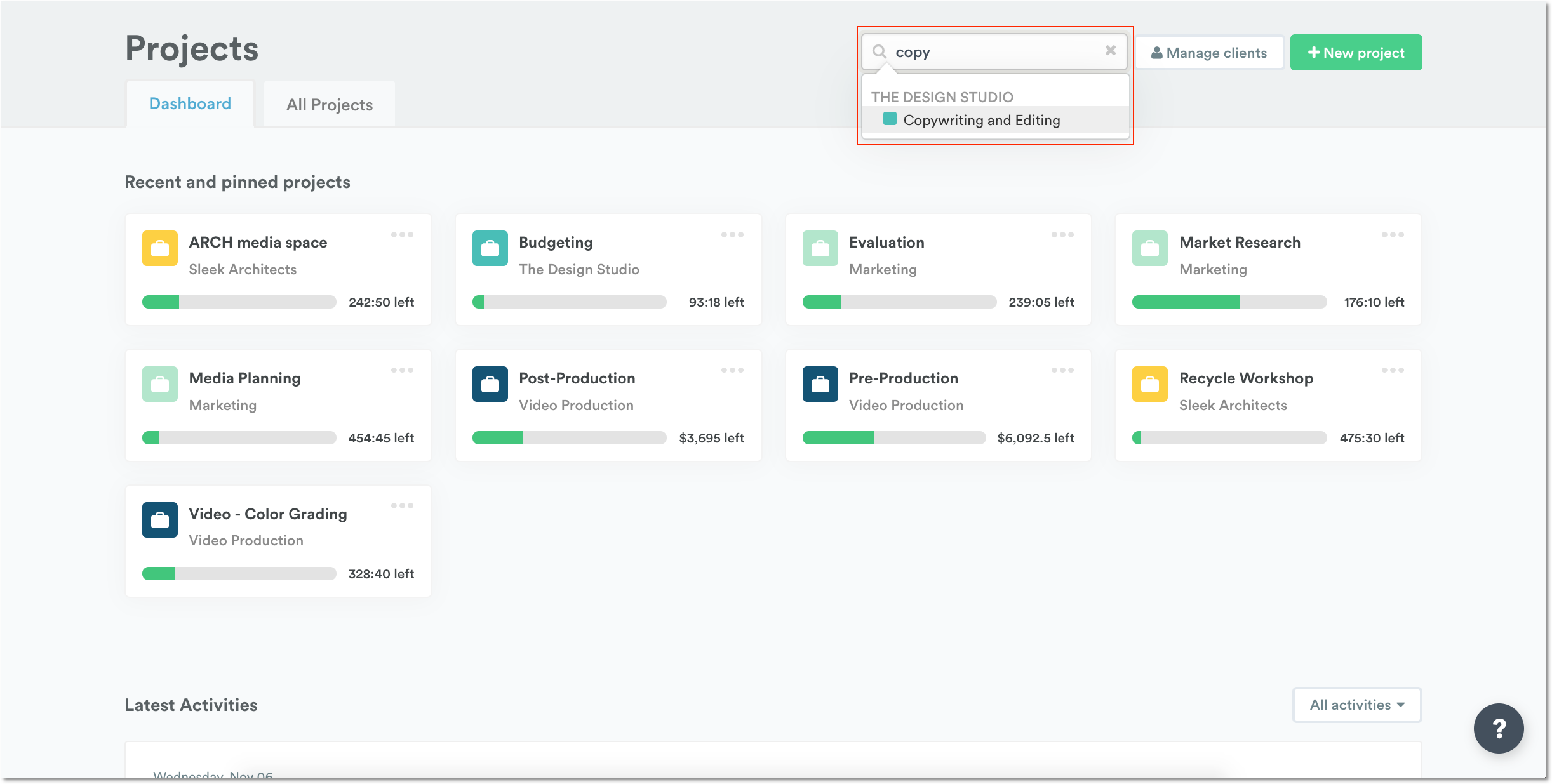 Search for a project to archive