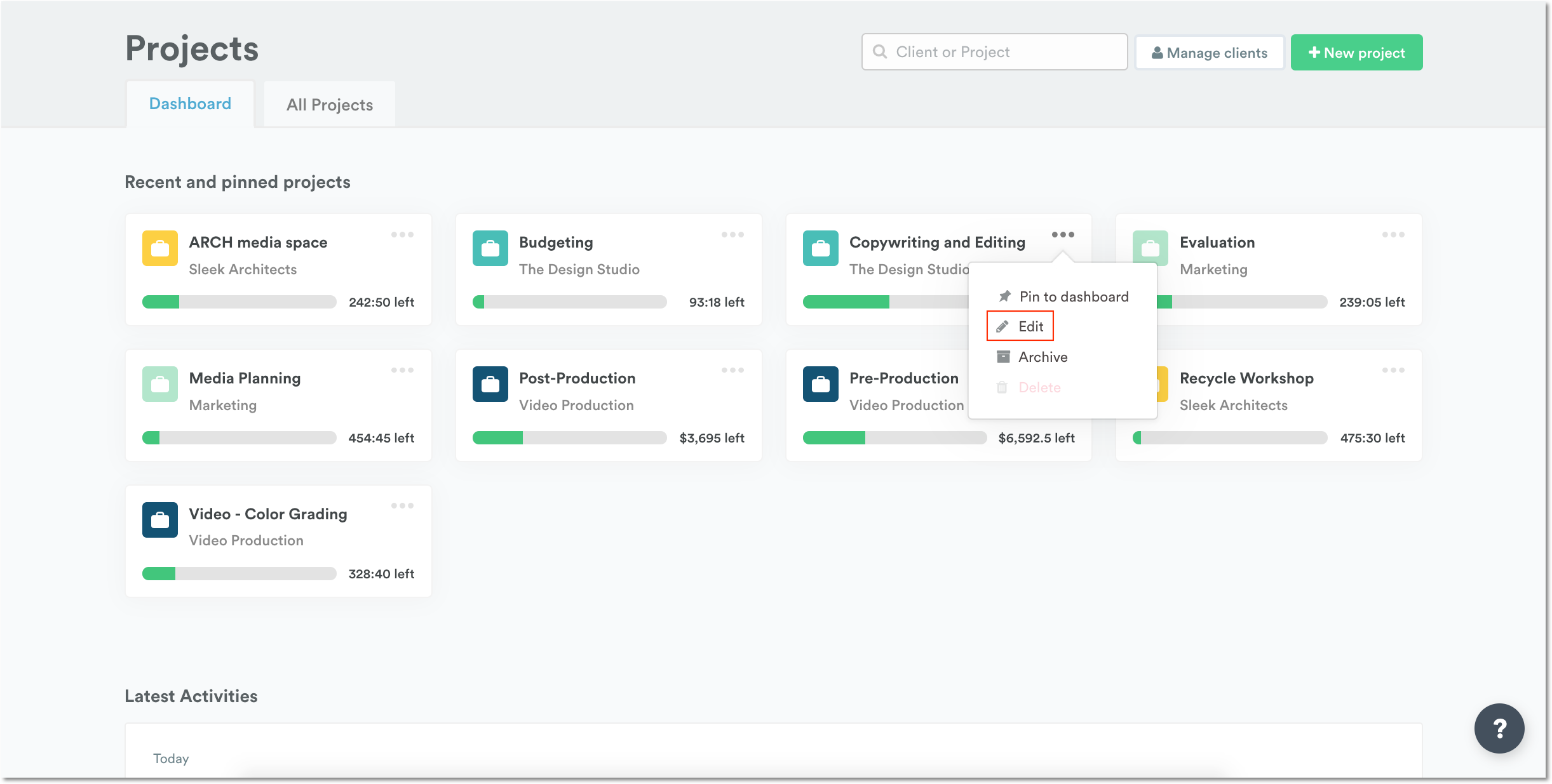 Edit from Dashboard Projects