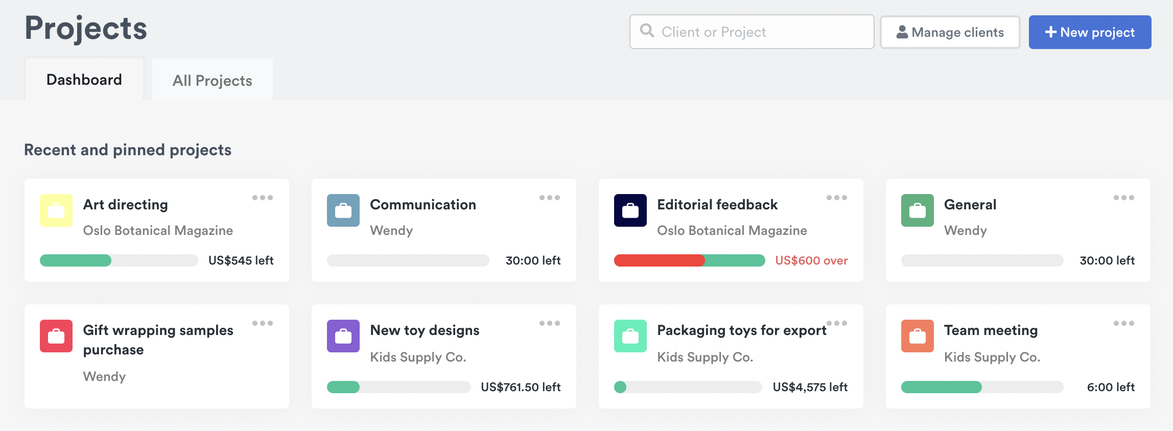Projects page Dashboard tab