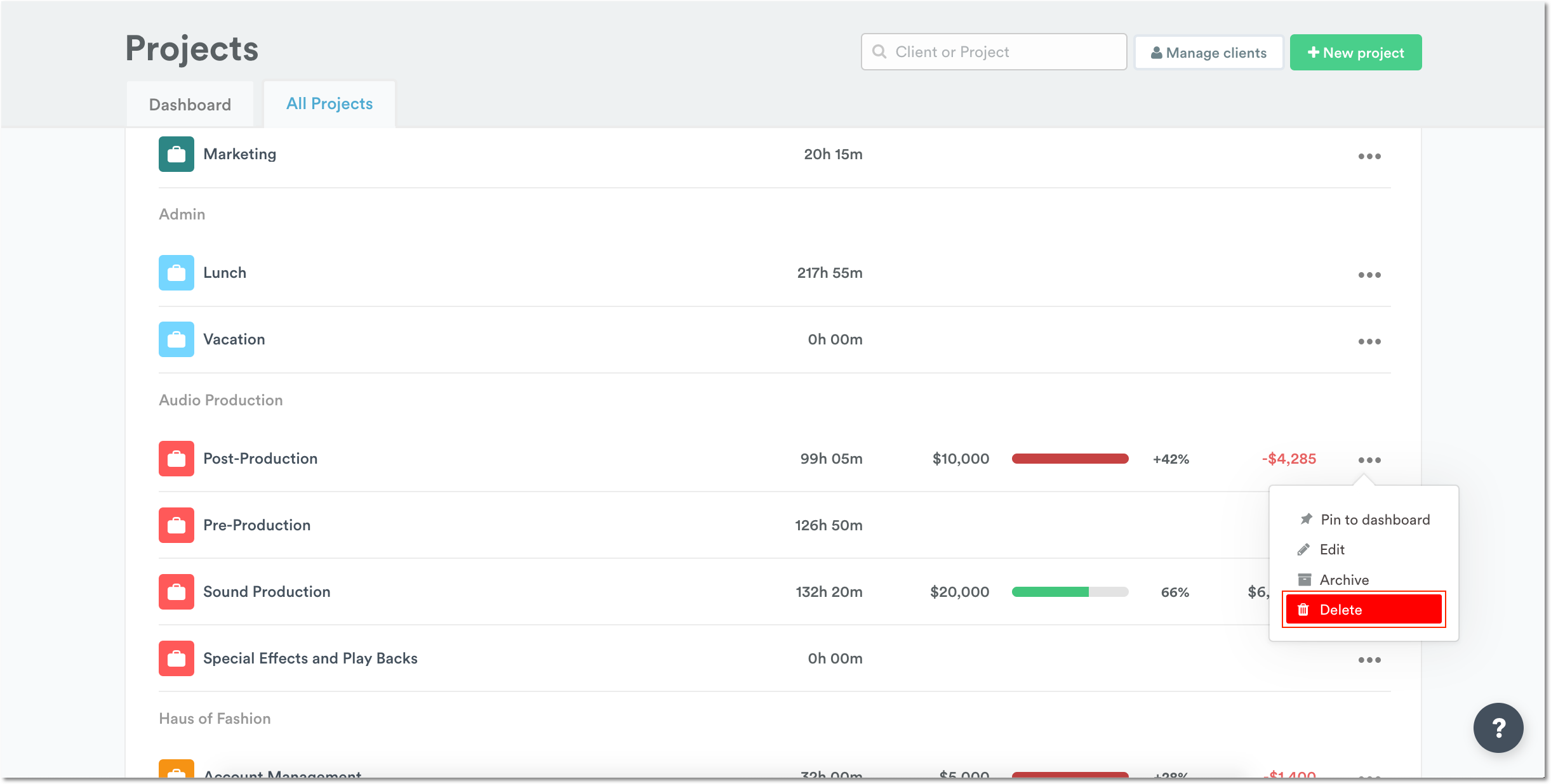 Delete from All Projects page