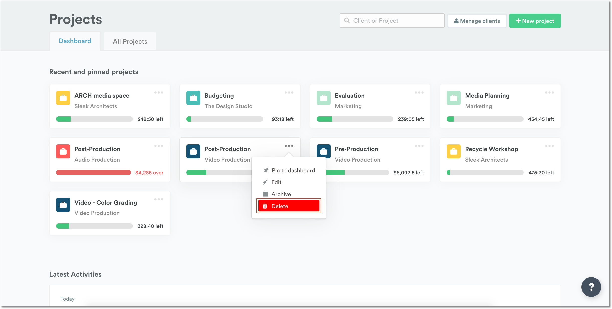 Delete from Dashboard Projects