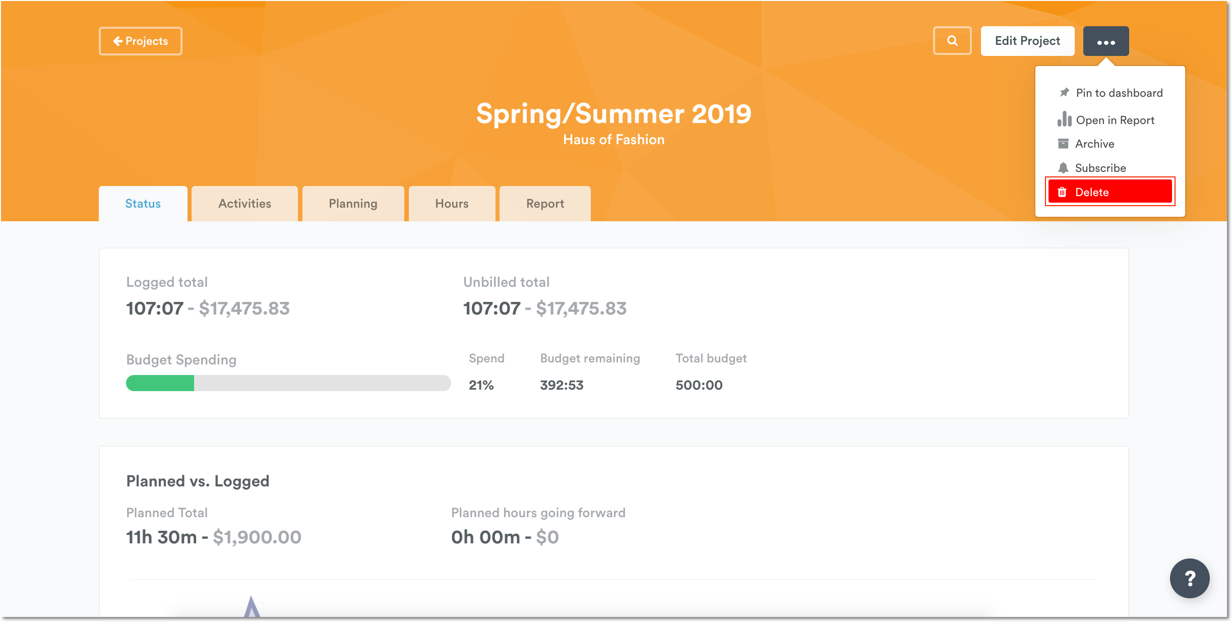 Delete from individual project page