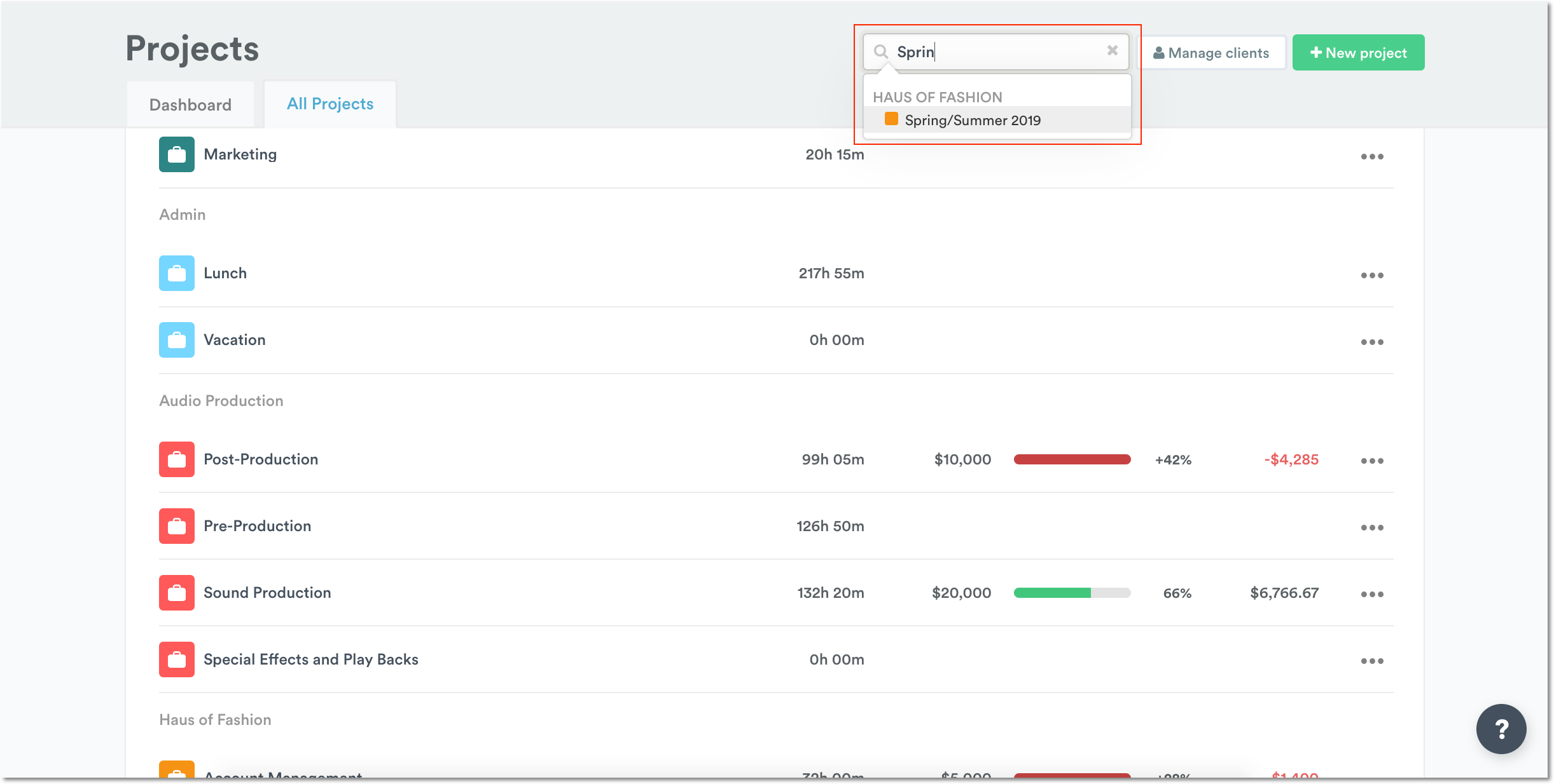 Search for a project