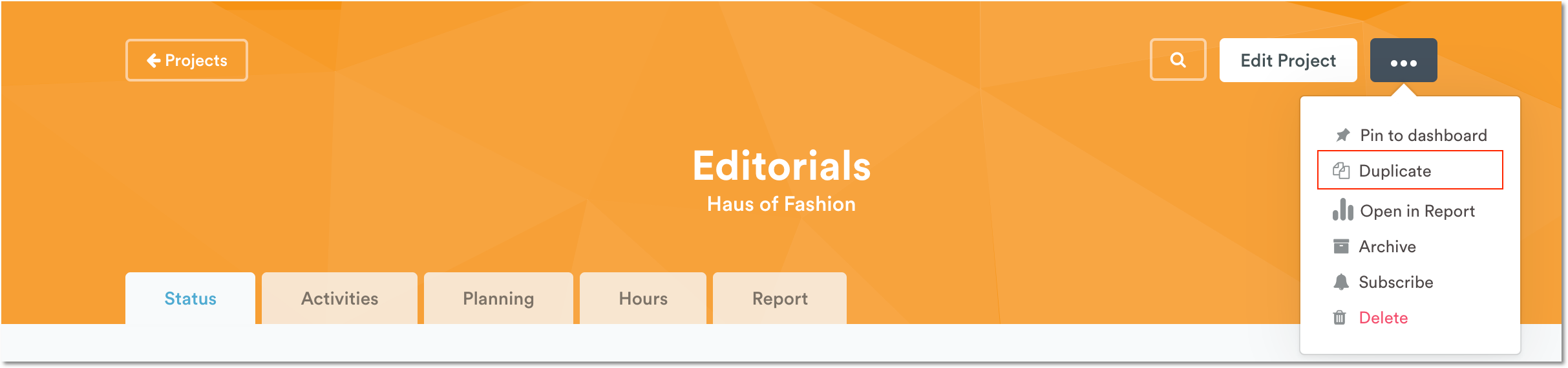 Duplicate from individual project page