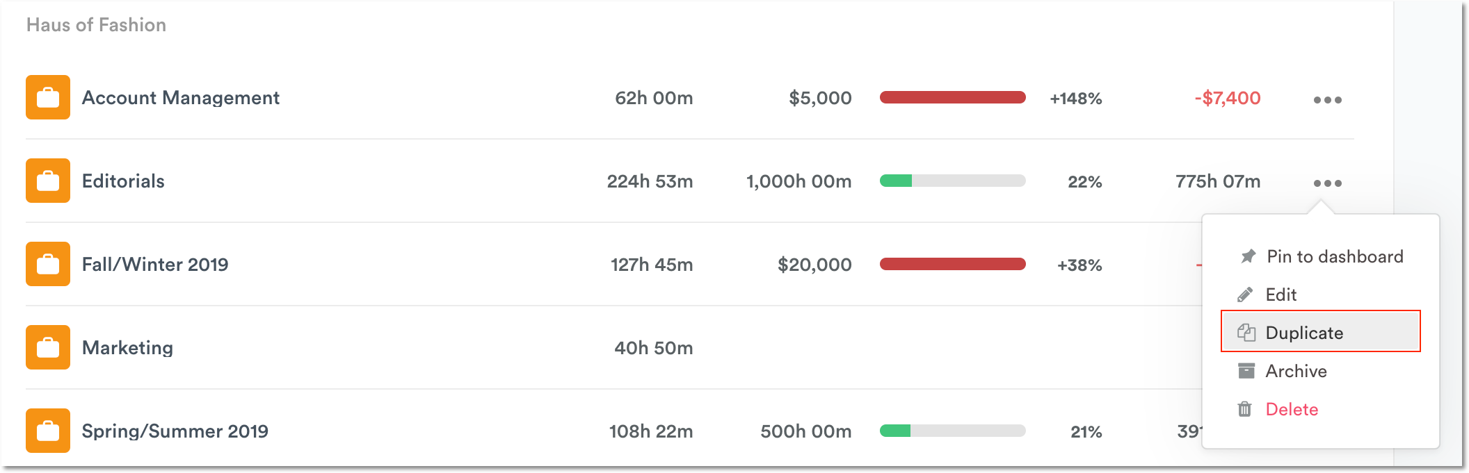 Duplicate from Project tab